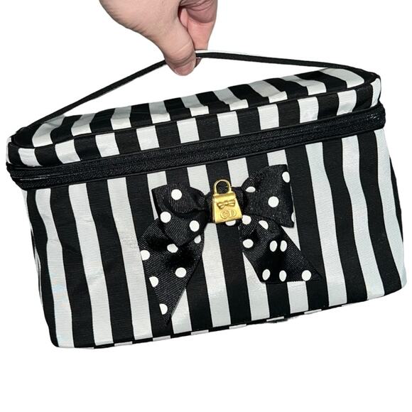 VTG Christian Dior Large Black & White Striped Toiletry Cosmetic Case Makeup Bag - Picture 1 of 16